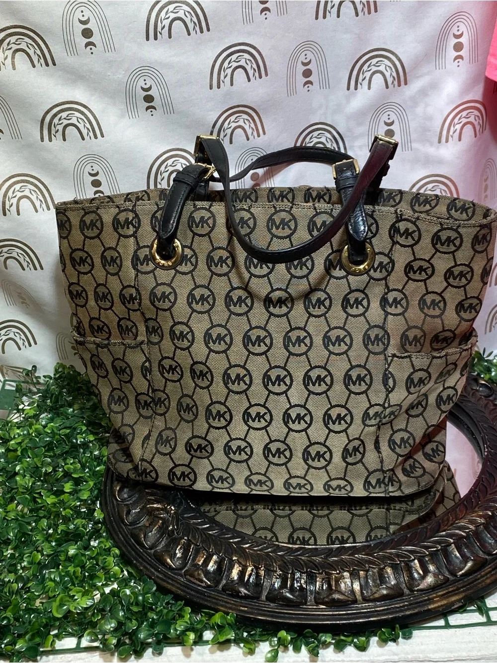 Michael Kors Beige and Black MK Logo Tote